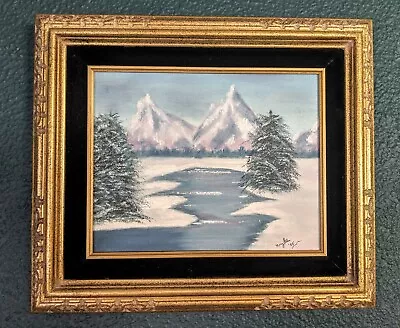 Vintage Painting Snowy Winter Landscape Artist Signed Mary Ellen Gold Framed  • $69