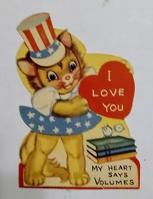 Vtg Valentine Greeting Card Kitten Cat Patriotic Stars Stripes I LOVE YOU 1940s • $4.95