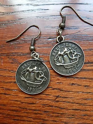 Dangle Earrings Coins Half Penny Antique Bronze Handmade By Me Coins 1.2 Cms • £2.40