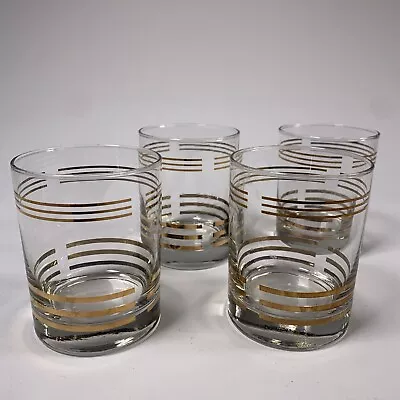 Mid Century 22k Gold Stripe Whiskey Glasses Set Of 4 Double Old Fashioned Retro • $49.99