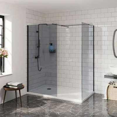 Walk In Shower Enclosure Wet Room Screen Matt Black Cubicle 8mm Grey Glass Panel • £304.97