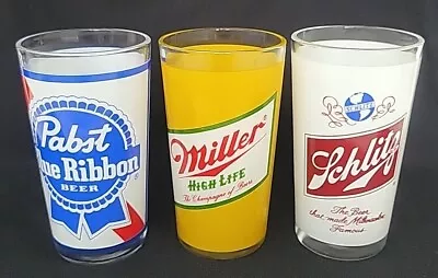 Vintage Beer Glasses: Pabst Blue Ribbon Miller High Life Schlitz Lot Of 3 • $29.95