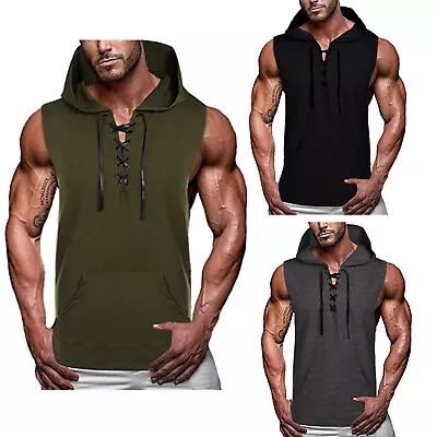 Men Sleeveless Lace Up Hooded Sport Vest Hoodie Sweatshirt Vest Casual Vest Tank • $14.25