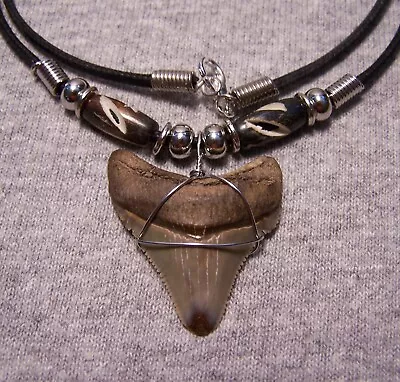 Megalodon Shark Tooth Necklace 1 3/8  Sharks Teeth Jaw Fossil Dive Polished • $16