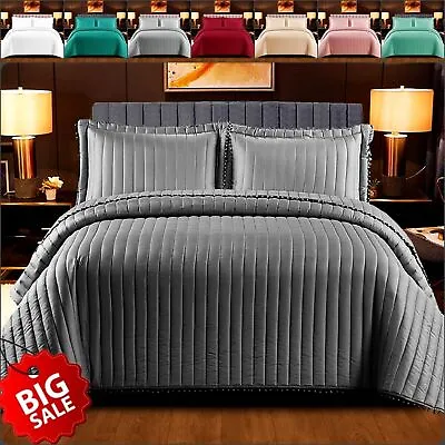 3 Piece Quilted Bedspread Embossed Bedding Set Single Double King Size Bed Throw • £11.39
