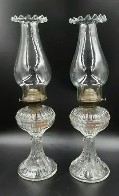 Pair Of Matching Clear Glass Table Oil Lamps Ca. 1900 16  High • £115