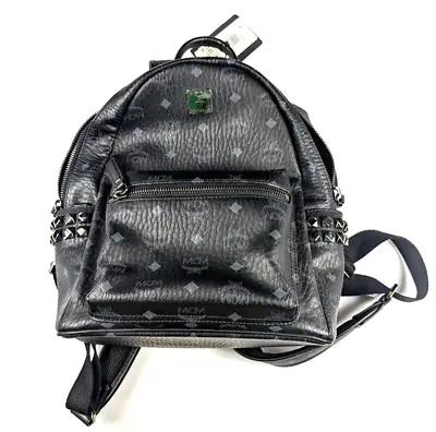 Authentic MCM Stark Visetos Small Leather Logo Side-Stud Backpack Black NWT • $420