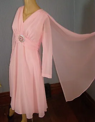 Vintage 60's Pink CHIFFON Dress SCARF Back Rhinestones Empire Waist S M Party • $60