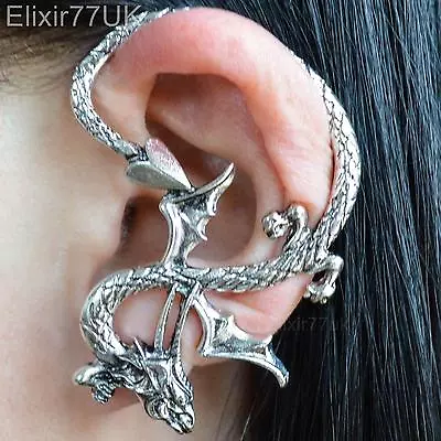 New Silver Snake Dragon Ear Cuff Stud Lure Wrap Earring Gothic Punk Rock Gift Uk • £3.79