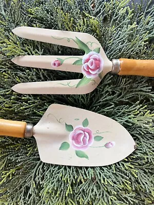 Pair Of Hand-painted Garden Tools Decor Roses Shabby Cottage Flowers Floral Pink • $15