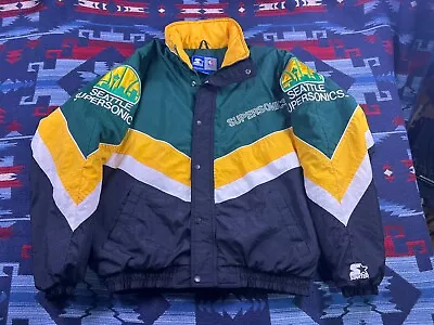 Vintage 90s Seattle Sonics Starter Puffer Jacket Parka Supersonics Full Zip M/L • $179.99