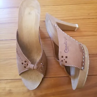 Candies 7 Tan Leather Slides Wood Heels Chunky 90s Y2K Sandals Original 1980s • $99.97
