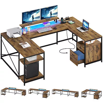 78.7  U Shaped Desk LED Reversible Computer Desk With File Drawer & Power Outlet • $178.19