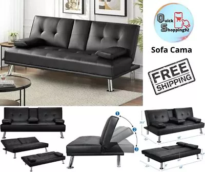 Modern Faux Leather Futon With Cupholders And Pillows Couch Futon Sofa Bed Black • $208.99