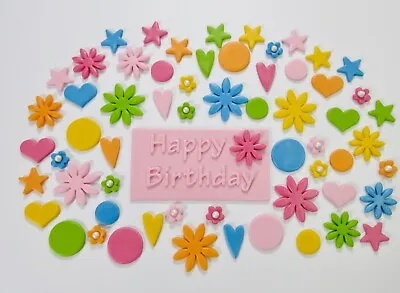 Happy Birthday Cake Topper Edible Fondant Rainbow Colour Hearts Flowers Stars • £12