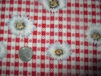 PICNIC Vintage WHITE FLOWERS On RED WHITE GINGHAM 1990's COTTON Fabric - 1 Yd • $3.99