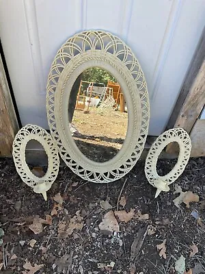 Vintage Burwood Products Mirror With 2 Wall Sconce Candle Holders Oval MCM • £40.53