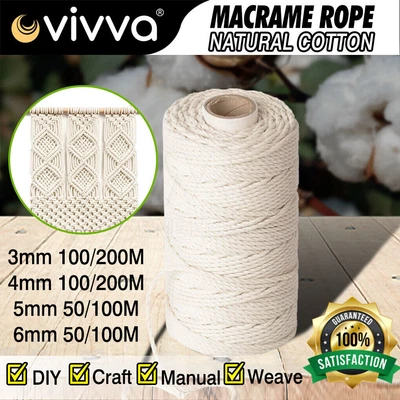 $11.99 • Buy 3/4/5/6mm Macrame Rope Natural Beige Cotton Twisted Cord Artisan Hand Craft