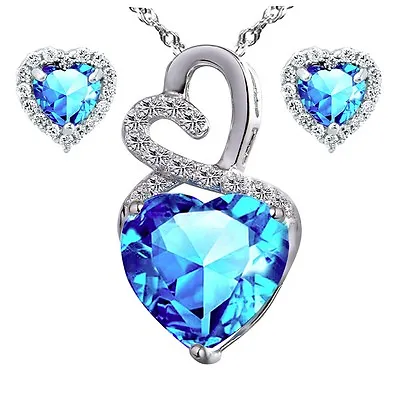 Sterling Silver Simulated Blue Topaz Heart Necklace & Earrings Set Gift For Her • $54.15