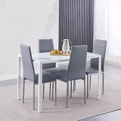 47  White Marble Glass Dining Table & 4pcs Gray Faux Leather Dining Chairs Set • $209.99