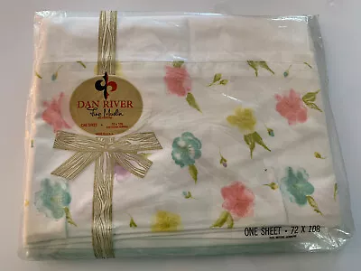 Vintage Dan River Fine Muslin Cotton Flat Sheet Twin 72x108 White W/ Flowers • $15.99