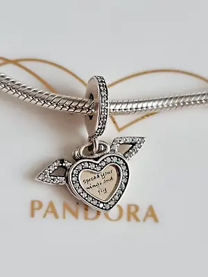 PANDORA Heart And Angel Wings Dangle Charm # 798485C01 With Cubic Zirconia • £18