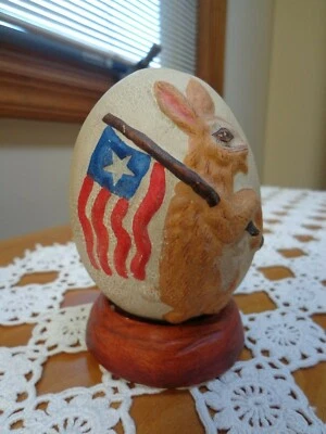 $250 • Buy Rare Vaillancourt Folk Art Chalkware Bunny With American Flag Egg W/Stand #232