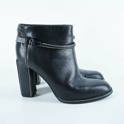 VERONIQUE BRANQUINHO Size 40 Black Leather Ankle Booties Contrast Stitch Buckle • $179.99