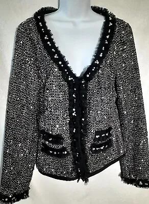 ECI New York Womens Jacket Top Black & White With Ruffles & Pearls Size L #1069 • $14.88