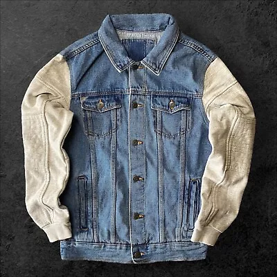 Junior Boys Hooded Blue Button Up Denim Jacket With Grey Jersey Sleeves Youth • £8