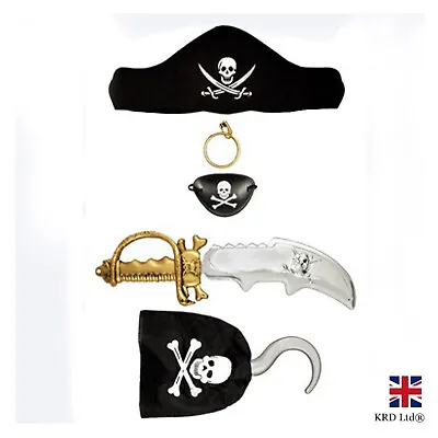 5Pcs Kids PIRATE FANCY DRESS COSTUME SET Hat Hook Earring Eye Patch Cutlass Kit • £8.23