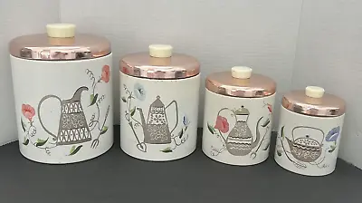 Vintage Ransburg MCM Teapot White Floral Kitchen Metal 4 Canisters ~AWESOME! • $38