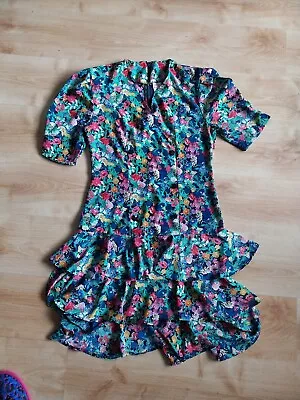 Ladies 80s Vintage C&A Ra Ra Dress Size 12/14 Floral Skirt Shoulder Pads Flowers • £18