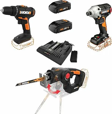 WX911L WORX 20V 3/8  Power Drill 1/4  Impact Driver AXIS Saw Combo Kit (CR) • $178.70