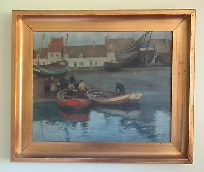 Antique 1917 Maritime Harbour Oil Painting Signed AAGE PETERSEN Framed • £375