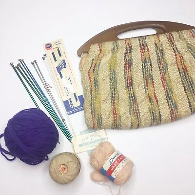 Vintage Tan KNITTING BAG Wooden Handles Lined Boucle HANDBAG Needles Included • $28.80