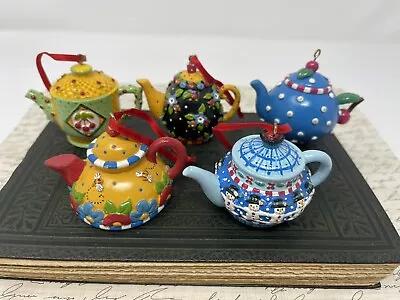 Vintage Mary Engelbreit 5 Mini Teapots Ornaments Kitchen Decor Christmas Cherry • $44.99