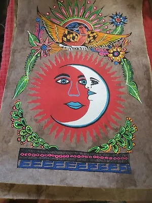 $40 • Buy 15 1/2 X 23  Mexican Folk Art Amate Bark Painting Aztec Bird Calender Sun Moon