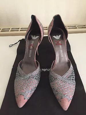 £99 • Buy Emporio Armani High Heel Pink Silver Embroidery Suede Ladies Shoes Size 40 Uk7,5