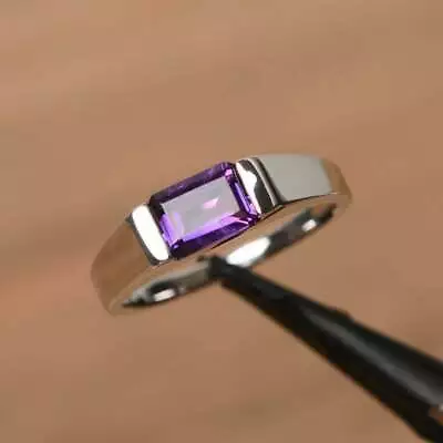 14K White Gold Plated 2Ct Emerald Cut Created Amethyst Halo Men's Wedding Ring • $90.99