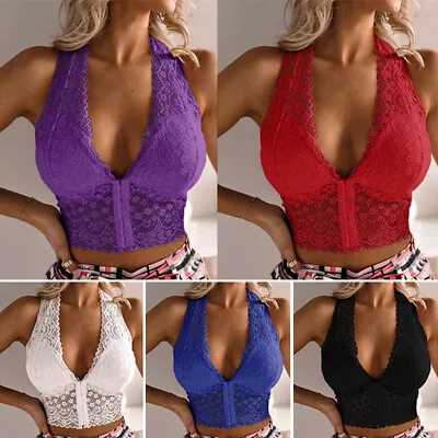 Womens Halter Neck Camisole Bustier Crop Tops Bralet Vest Lace Mesh Tank Tops • £6.47