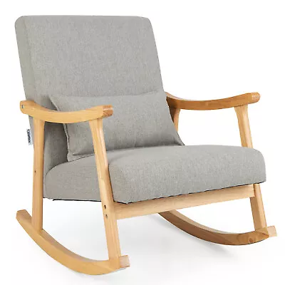 Upholstered Rocking Chair W/ Pillow Rocking Armchair W/ Rubber Wood Frame Grey • $135.99