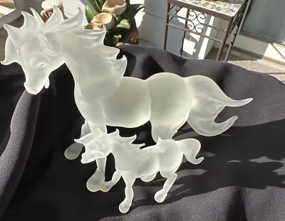 Vintage Frosted Crystal Horse Equine Art Glass Mare Foal Sculpture Horse Lover • $47.52