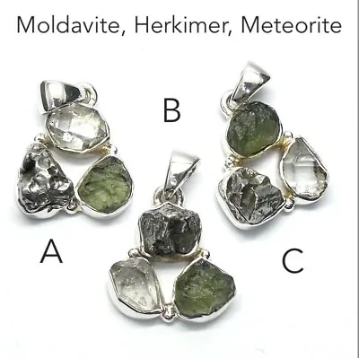 Authentic Moldavite Herkimer And Meteorite Natural Gemstone Silver Pendant • $32.40