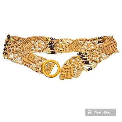 Womens Macrame Belt Brown Wooden Beads Braided 40” Long Boho Hippie Festival • $24.95