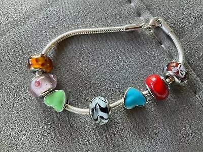 17cm Long SILVER TONE BRACELET With 7 GLASS And ENAMEL CHARMS NWOT Unwanted Gift • $71.73