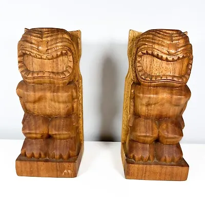 Pair Of 2 Vintage Carved Wood Wooden Tiki Totem Bookends Hawaii - 12” • $89.99