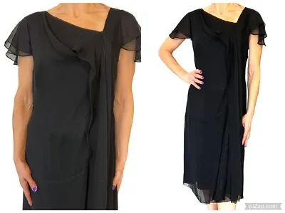 Morgane Le Fay Black Silk Chiffon Dress Short Sleeve V Neck Draped Avant Garde L • $110.49