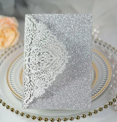 50pcs Luxury Glitter Lace Pocketfold Laser Cut Wedding Invitations Cards Sets • £107.99