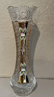£64.25 • Buy Hand Cut Bohemian Crystal Hand Painted Gold Gilded Bud Vase